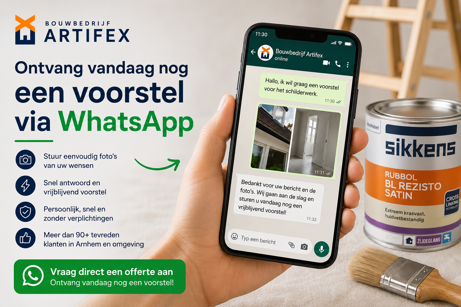 Ontvang vandaag nog een vrijblijvende offerte via WhatsApp voor schilderwerk in Arnhem | Bouwbedrijf Artifex