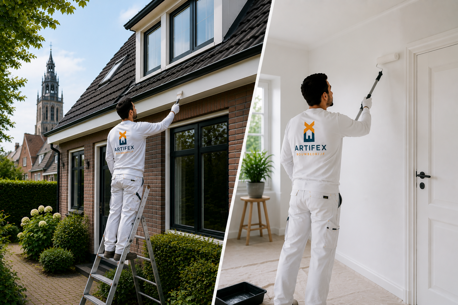Professionele schilder voert binnen- en buitenschilderwerk uit aan een woning in Nijmegen.