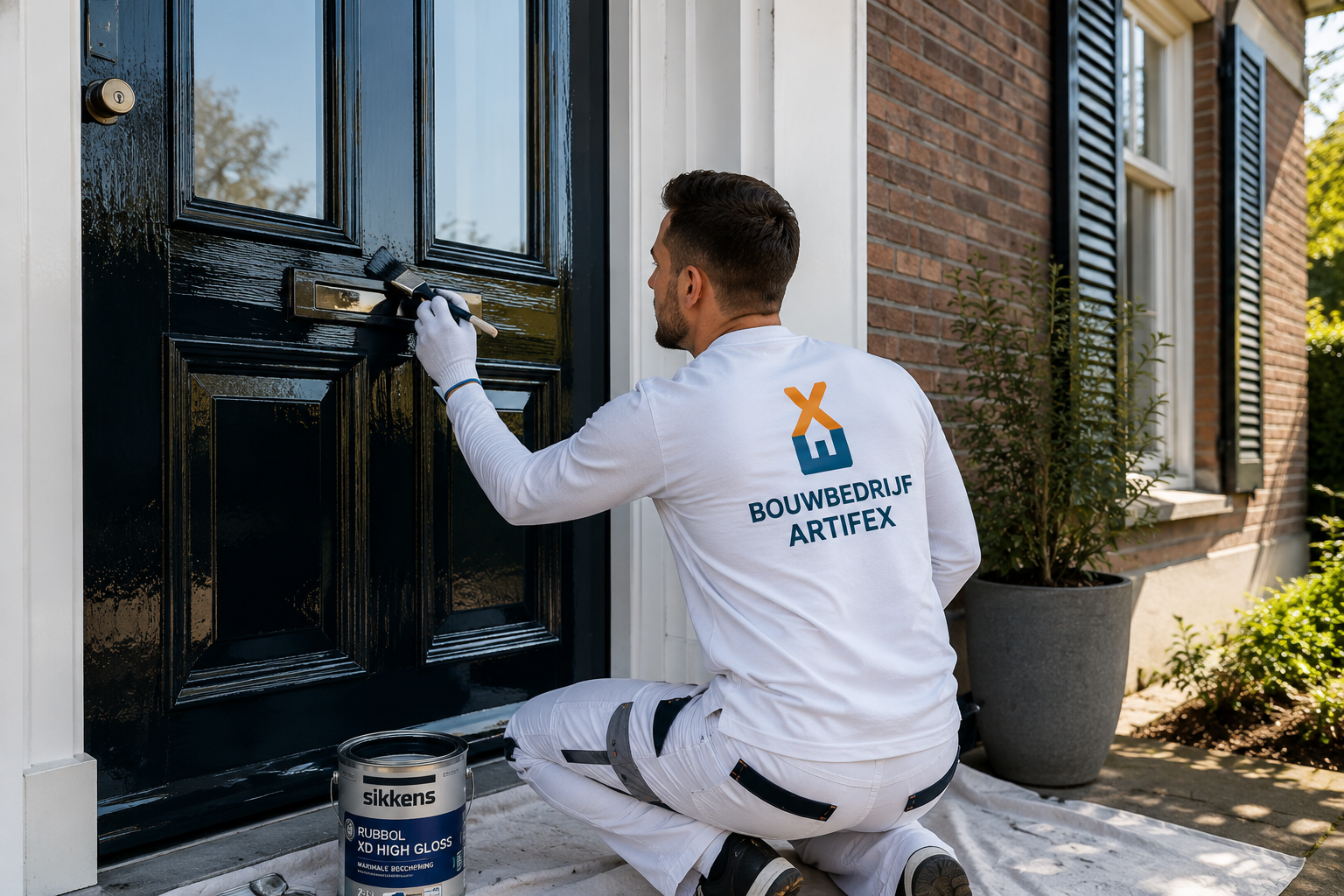 Professioneel buitenschilderwerk in Ede waarbij een voordeur wordt geschilderd met Sikkens Rubbol XD High Gloss door Bouwbedrijf Artifex.