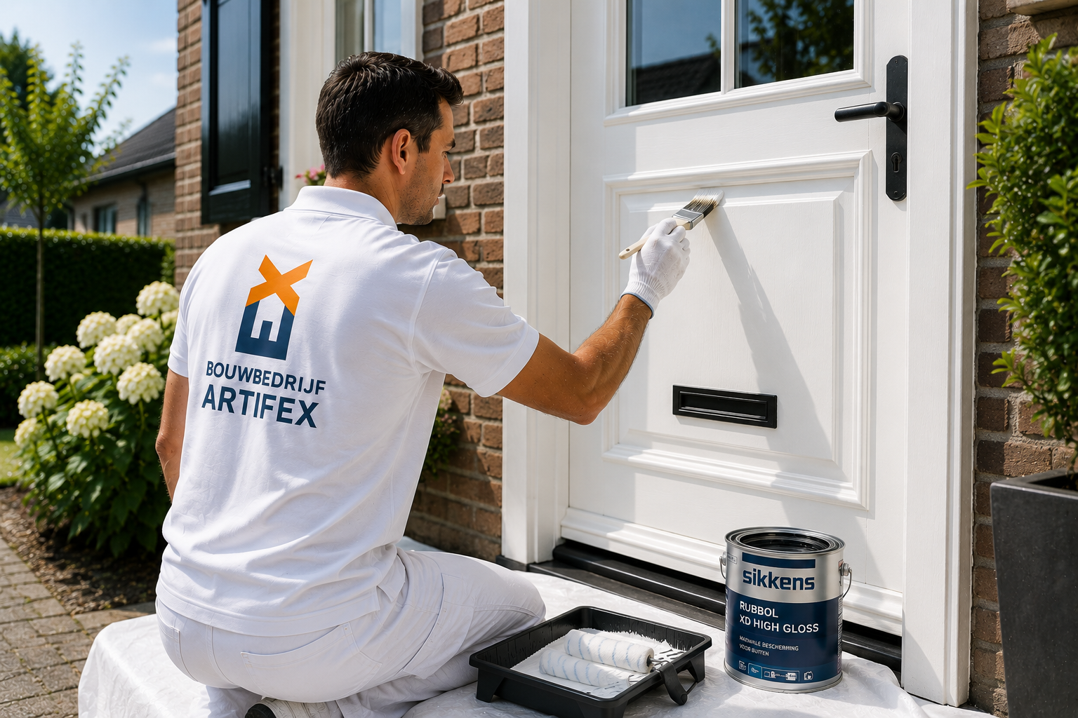 Buitenschilderwerk in Doetinchem door Bouwbedrijf Artifex met Sikkens Rubbol XD High Gloss op een houten voordeur.