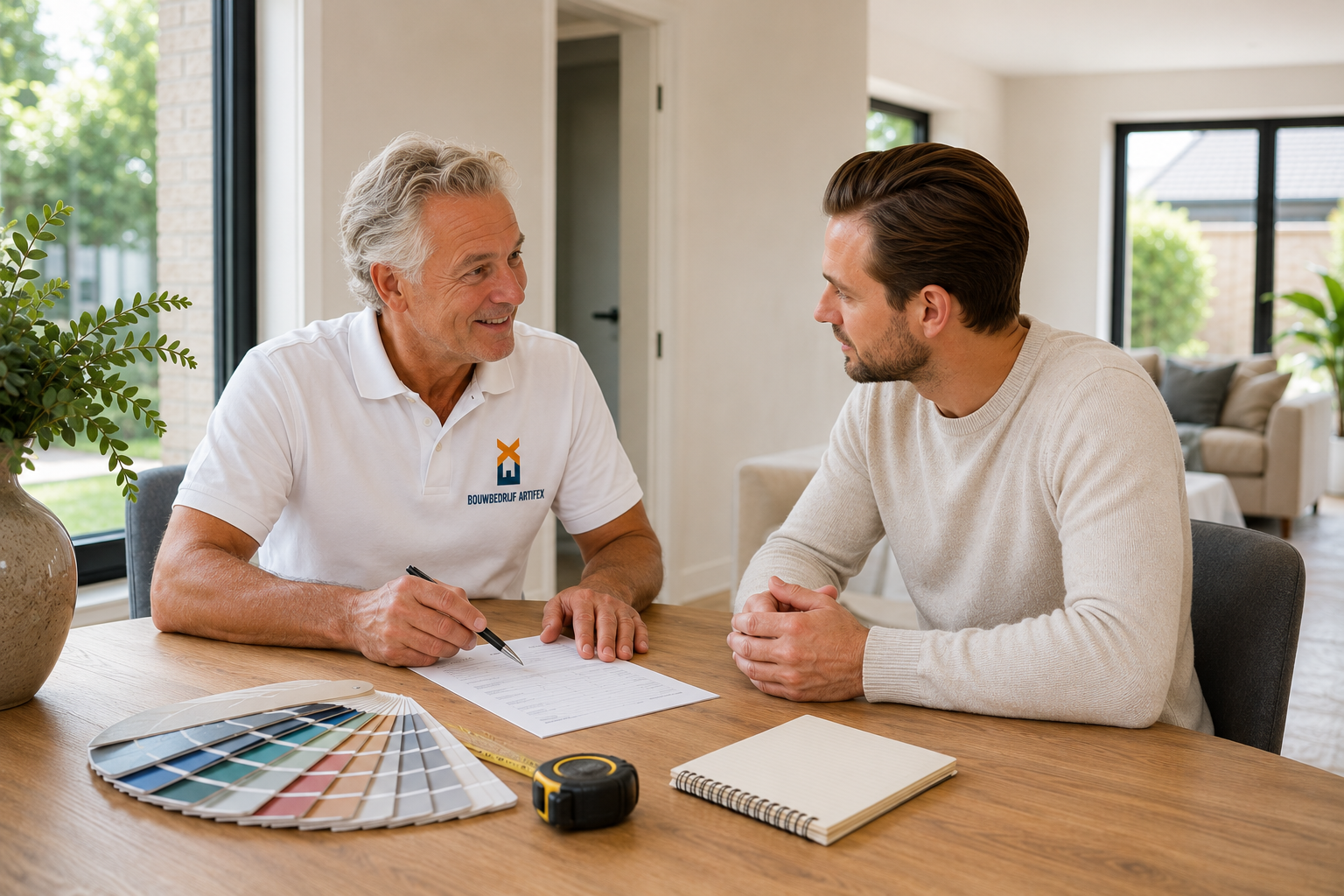 Adviseur van Bouwbedrijf Artifex bespreekt een schilderofferte met een klant tijdens een vrijblijvend adviesgesprek.