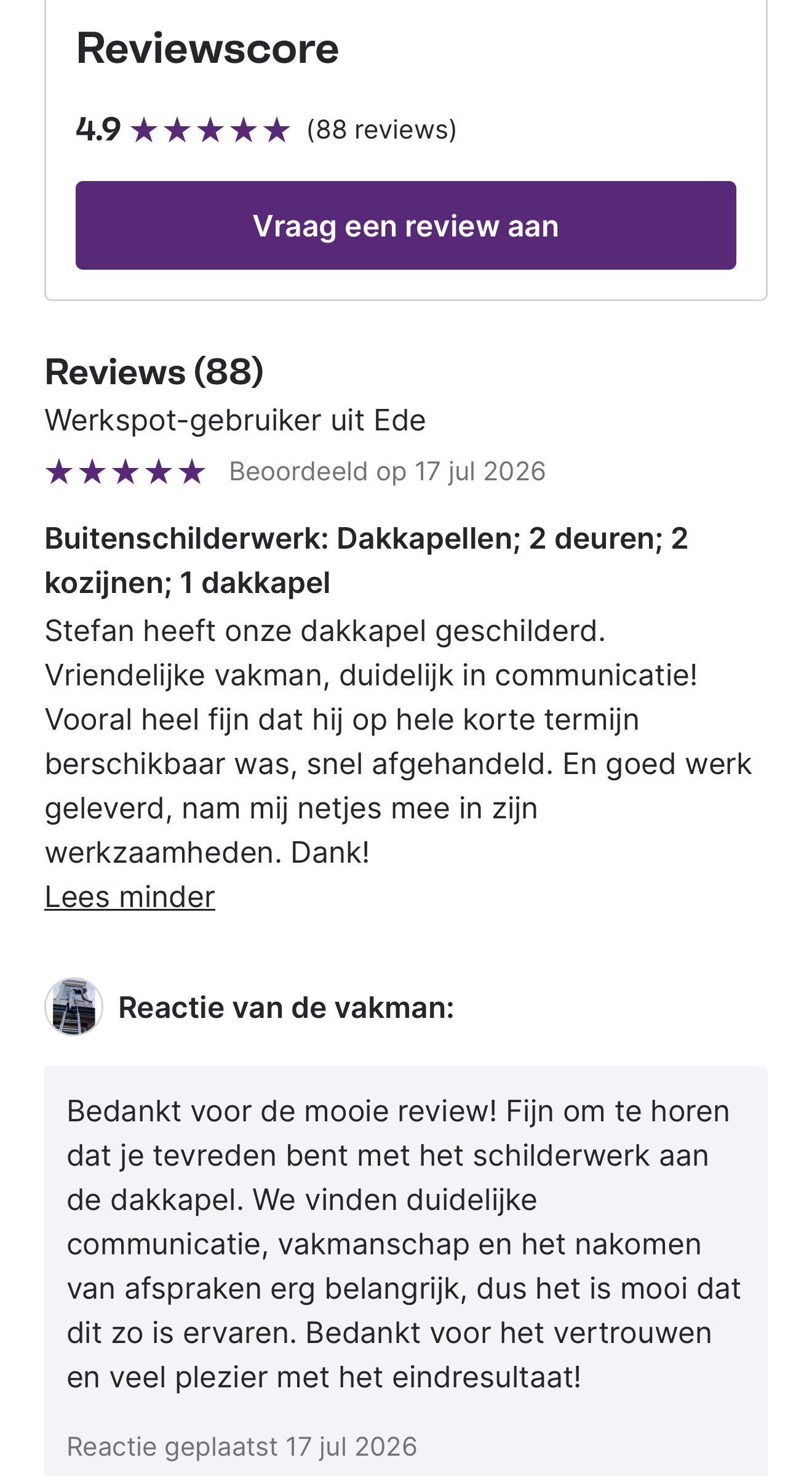 Werkspot review van tevreden klant uit Ede over buitenschilderwerk door Bouwbedrijf Artifex
